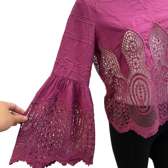 Chloe Oliver Anthropologie Mauve Embroidered / Lace Pullover Tunic Blouse Sz MP - Picture 4 of 11